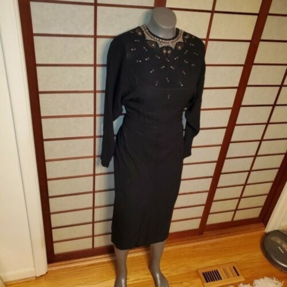 Vintage Black Crepe Rhinestone Dolman Midi Dress S